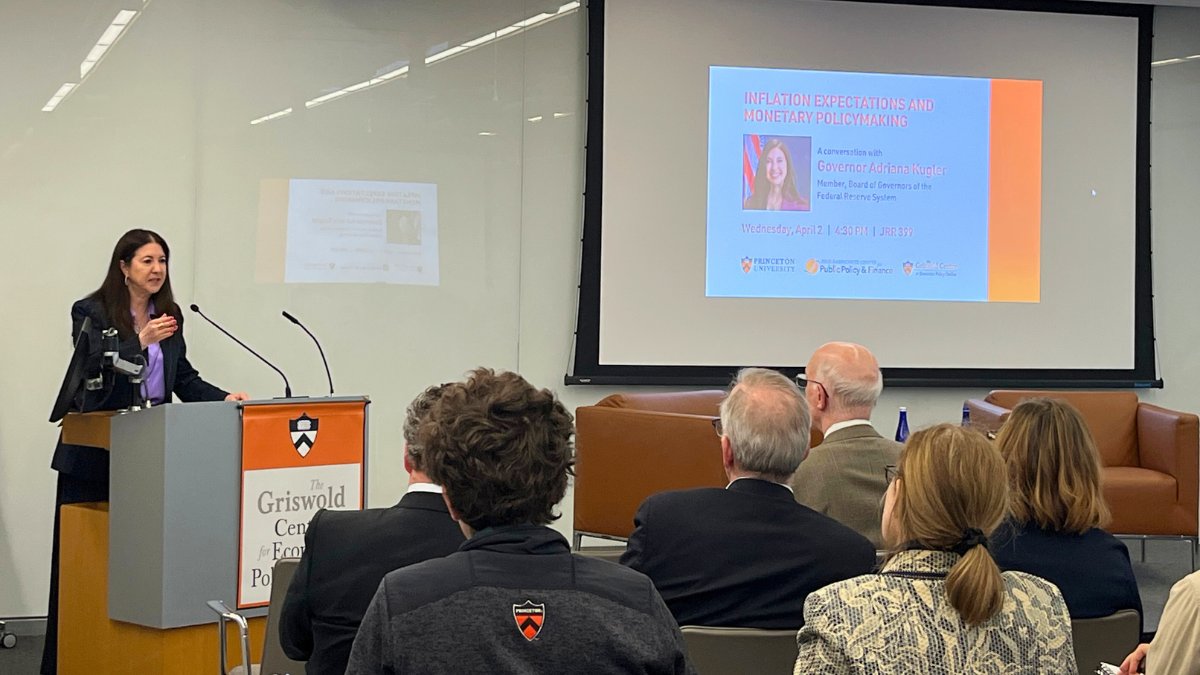 PrincetonEcon's tweet photo. Yesterday afternoon, @federalreserve Board Governor Adriana Kugler delivered a public talk at @Princeton on "Inflation Expectations and Monetary Policymaking."

Sponsored by @PrincetonGCEPS and @JRCPPF, we were honored to host Governor Kugler and hear her speak on these topics. https://t.co/ehT0eNLF05