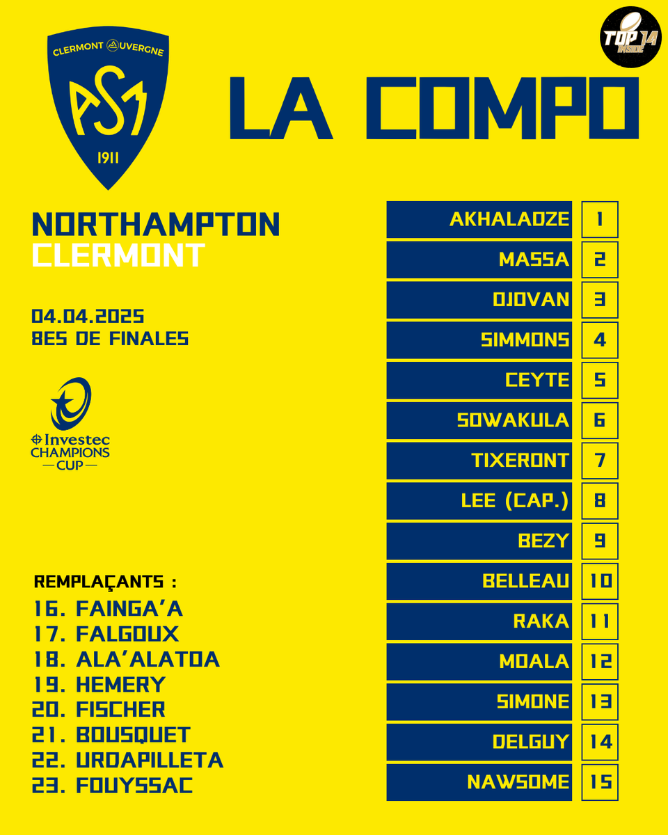 TOP14_inside's tweet photo. L'intention est claire pour l'ASM : une qualification en Angleterre !! 🔥👀
Une belle équipe qui à déjà réaliser de belles performances notamment au Leinster !
#NORCLE #NORvCLE #ChampionsCup https://t.co/gpVhLt3RQ5