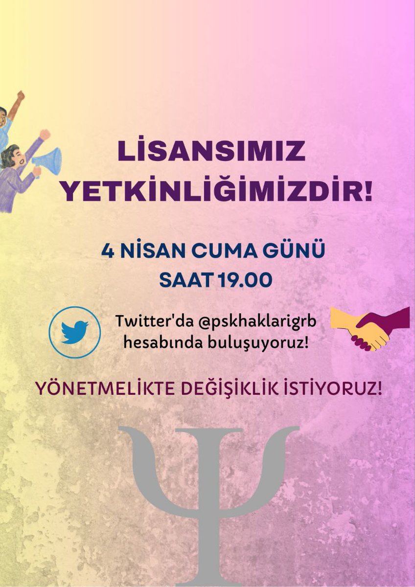 pskhaklarigrb's tweet photo. Kıymetli meslektaşlarımız,
Yarın saat 19.00'da bu hesapta buluşalım. LİSANSIMIZ YETKİNLİĞİMİZDİR diyerek hakkımızı daha güçlü bir şekilde aramaya devam ediyoruz. Sen yoksan 1 kişi eksiğiz. 
 #PsikologlarBuluşuyor https://t.co/R4pZ1YIxv4