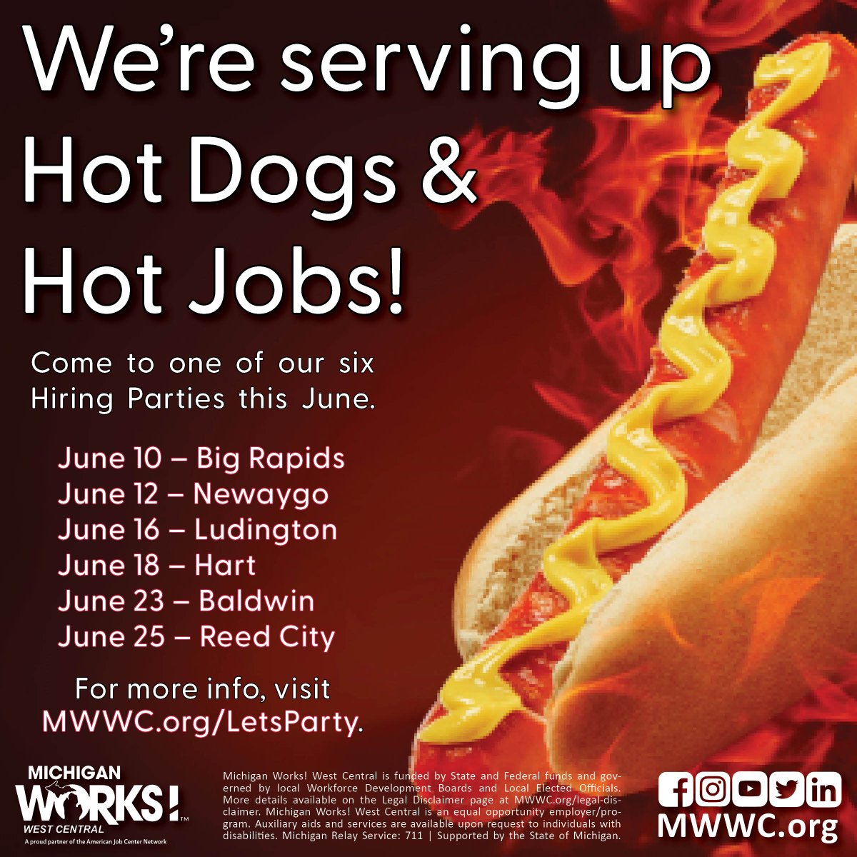 🌭🚨SAVE THE DATES!🌭🚨
Our successful Hiring Parties are coming back in June! Last year, 180 employers helped about 250 people find jobs! Get your resume ready. June will be here soon! Want to do a mock interview? Need resume help? We can help! Visit MWWC.org/contact.