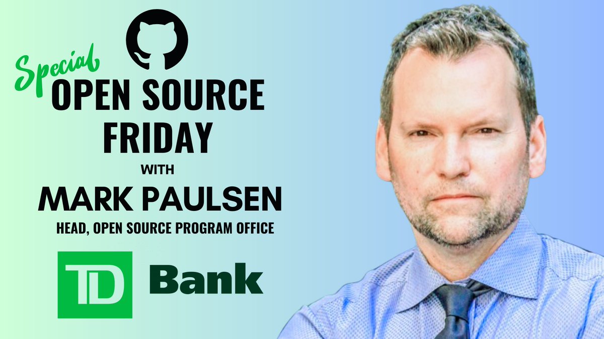 github's tweet image. Join us for #OpenSourceFriday with Mark Paulsen, Head of the @TDBank_US Open Source Program Office! Learn how this financial leader is revolutionizing industry practices through open source innovation. 🚀 
youtube.com/watch?v=5IZsUk…
