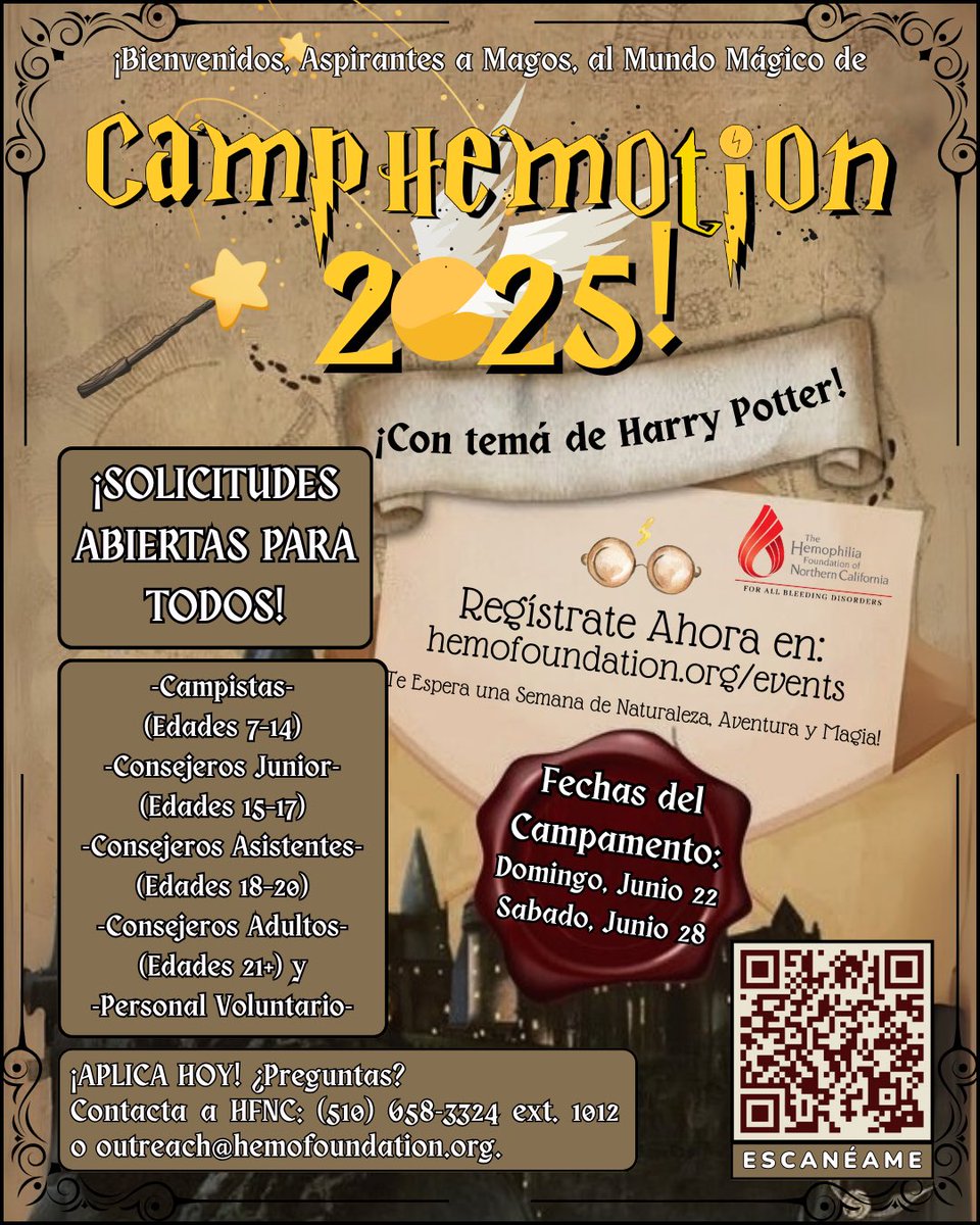 NorCalBDF's tweet photo. Camp Hemotion 2025 applications are NOW OPEN FOR ALL! 🧙‍♂️
That means:
Campers (Ages 7–14) ✨
Junior Counselors (Ages 15–17) ✨
Assistant Counselors (Ages 18–20) ✨
Adult Counselors (Ages 21+) ✨
Volunteer Staff (Ages 18+) ✨
 
🔗 Apply today: https://t.co/5LIBkLn67T https://t.co/r4eghjkpIX