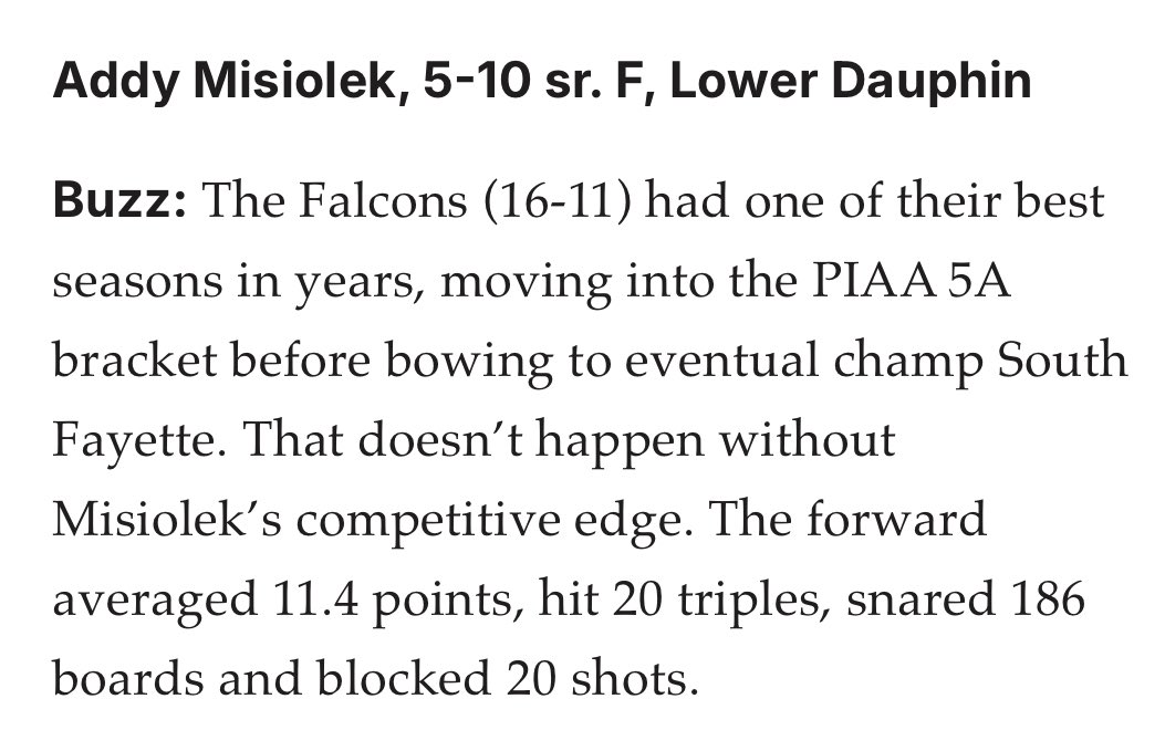 The accolades continue to roll in!
Congratulations to Addy for being named to PennLive’s Big 15 Team.
We’re so proud of everything she has contributed to our team this season... a well-deserved honor! #LDGB🏀 💙🤍