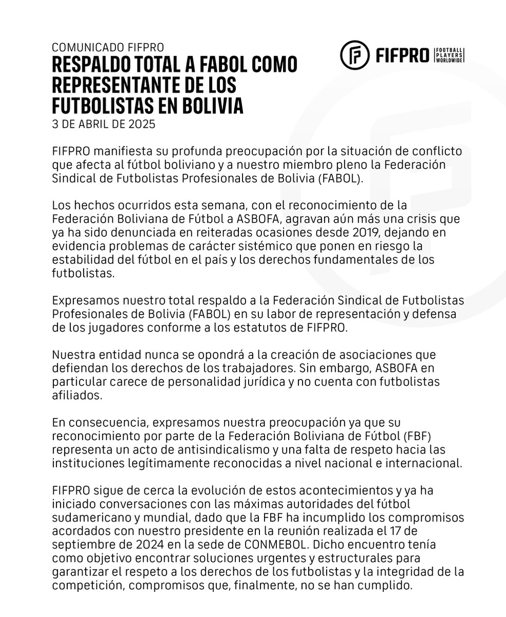 #FIFPRO manifiesta su profunda preocupación por la situación de conflicto que afecta al fútbol boliviano y expresa su respaldo total a @Fabol_Bolivia en su labor de representación y defensa de los jugadores conforme a los estatutos de #FIFPRO.

@FIFPROAmerica