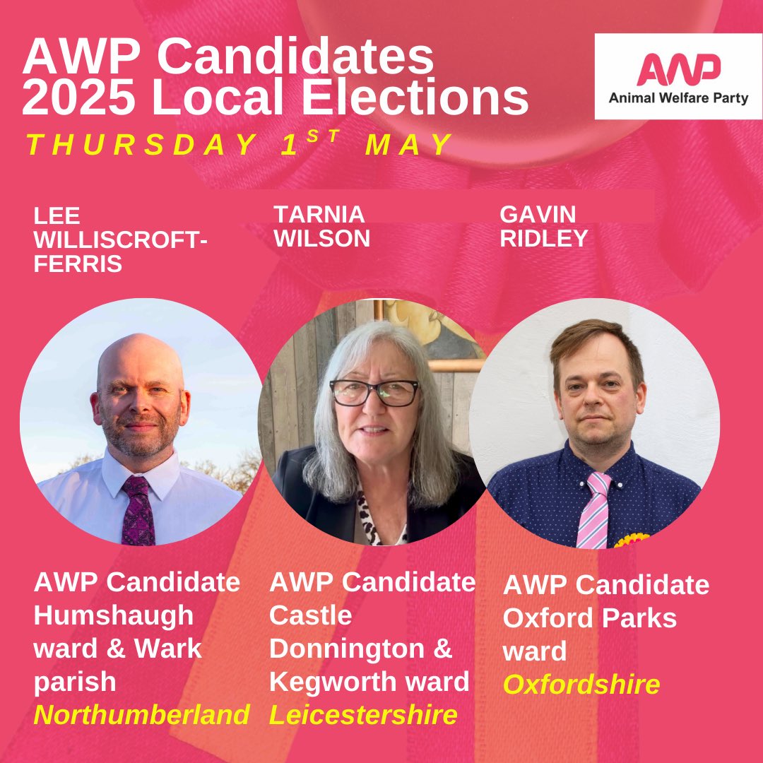 📣 Animal Welfare Party is delighted to announce three candidates standing in the May 1st #LocalElections, each one making history by being the first ever to stand for an animal party in their respective wards. 
🙏🏼 Huge thanks to all supporting. 

More at: animalwelfareparty.org/2025/04/03/ani…