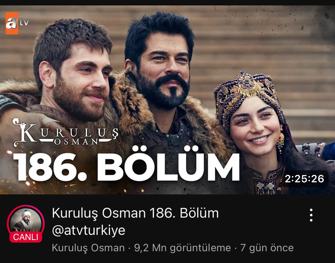 diziseyircisi's tweet photo. #KuruluşOsman, yayınlanan 186.bölümü youtube da 7 günde 9,2 Milyon izlenmeye ulaştı. 👏
#OsBal #AlGon #OrNi https://t.co/m1nFmdtM4o