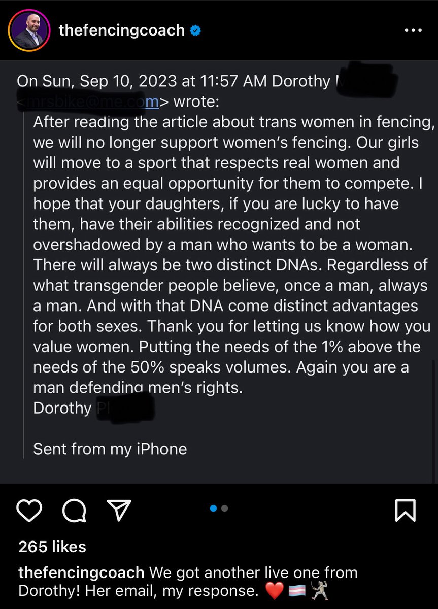 icons_women's tweet image. 🤺Damien Lehfeldt, Chair of USA Fencing, has used his own social media to humiliate women who dare advocate for a sex-based category in women's fencing.

This private email exchange is one he shared to his IG when a woman wrote him in defense of female fencers after this article…