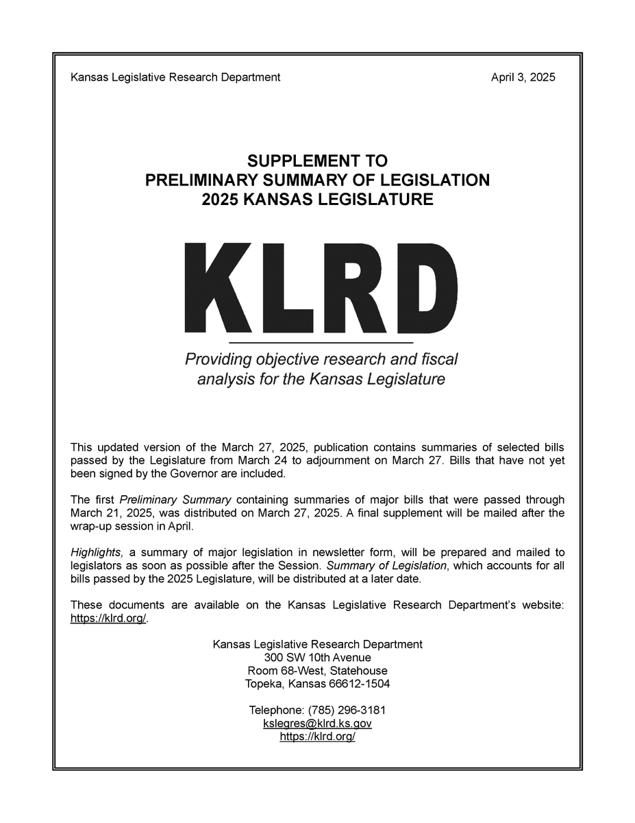 Supplement to Preliminary Summary of Legislation 2025 is now available on our website. See both the Supplement and Preliminary Summary here: klrd.gov/publications/s… #ksleg