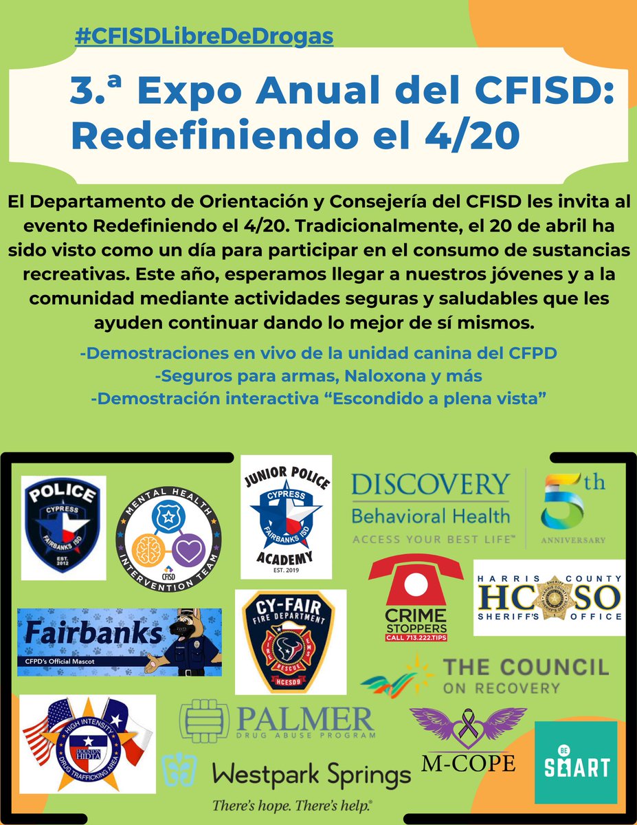 Derrick L. Crowder (@dlcrowder_cfisd) on Twitter photo Save the date for <a href="/CyFairISD/">Cypress-Fairbanks ISD</a> 3rd Annual “Redefining 4/20 Expo!” Learn more about substance use prevention & the mental health resources available. Complementary safety items, live CFPD K-9 Demos, Naloxone, and more! Activities for the entire family! See the flyers for more Save the date for <a href="/CyFairISD/">Cypress-Fairbanks ISD</a> 3rd Annual “Redefining 4/20 Expo!” Learn more about substance use prevention & the mental health resources available. Complementary safety items, live CFPD K-9 Demos, Naloxone, and more! Activities for the entire family! See the flyers for more