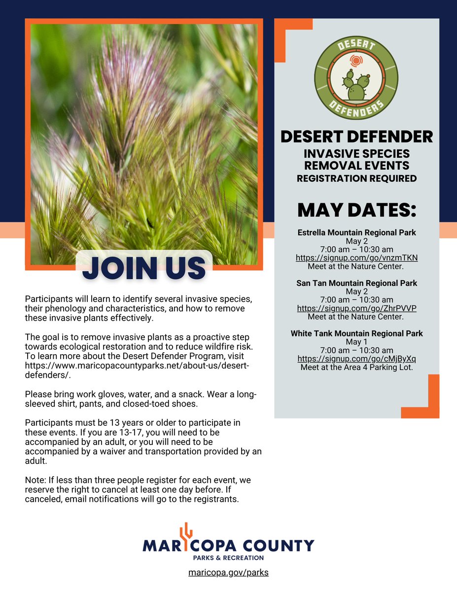 The Invasive Species Removal events aim to remove invasive plants as a proactive step towards ecological restoration and to reduce wildfire risk. 

To learn more about the Desert Defender Program, visit maricopacountyparks.net/about-us/deser….