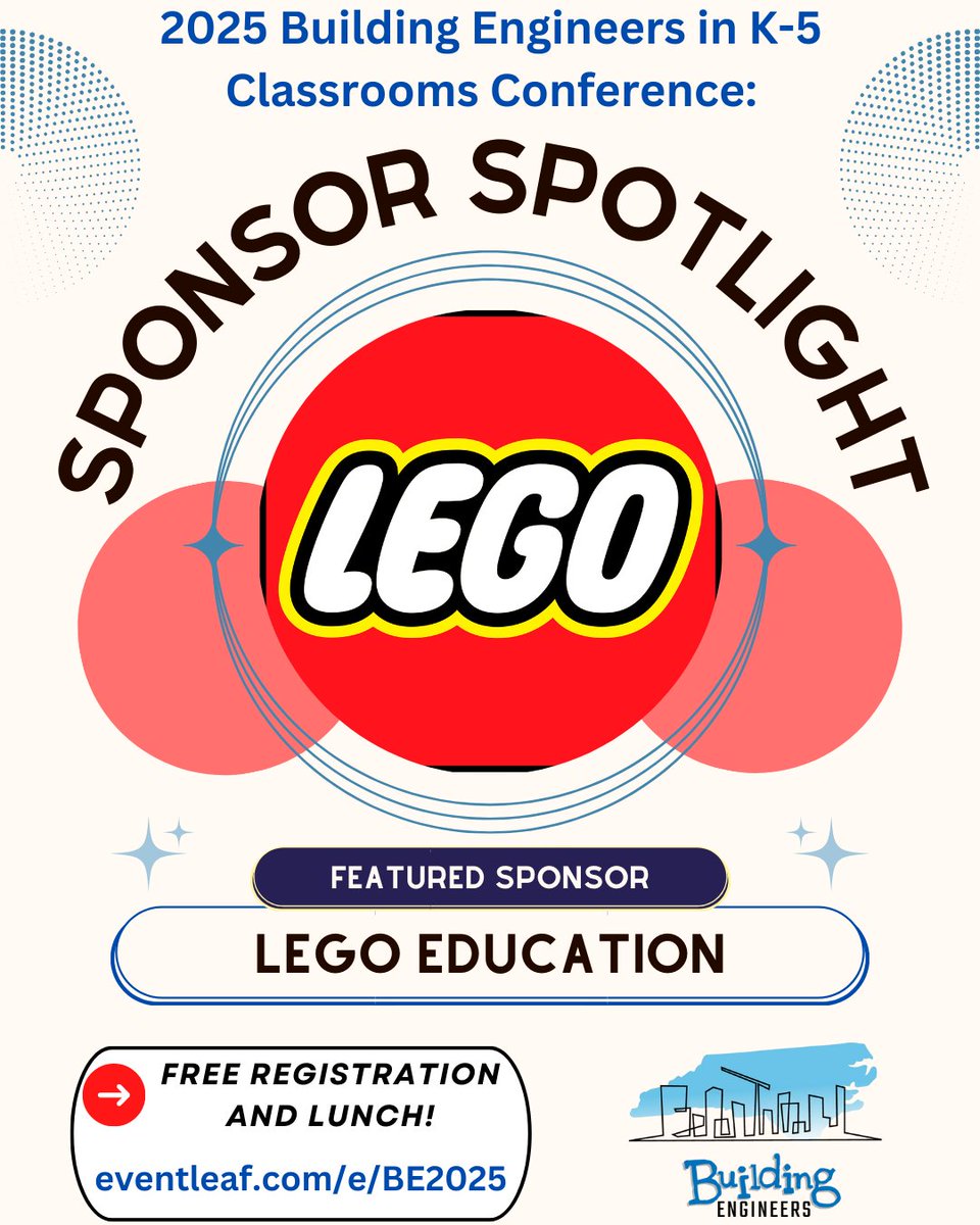 Building Engineers in K-5 Classrooms (@k5engineers) on Twitter photo Our largest sponsor this year is none other than Lego Education (<a href="/LEGO_Education/">LEGO Education</a> )! We're excited to bring them back and love all the great K-5 STEM solutions they offer. Our sponsors help keep this conference FREE for educators!
Register now! eventleaf.com/e/BE2025 Our largest sponsor this year is none other than Lego Education (<a href="/LEGO_Education/">LEGO Education</a> )! We're excited to bring them back and love all the great K-5 STEM solutions they offer. Our sponsors help keep this conference FREE for educators!
Register now! eventleaf.com/e/BE2025
