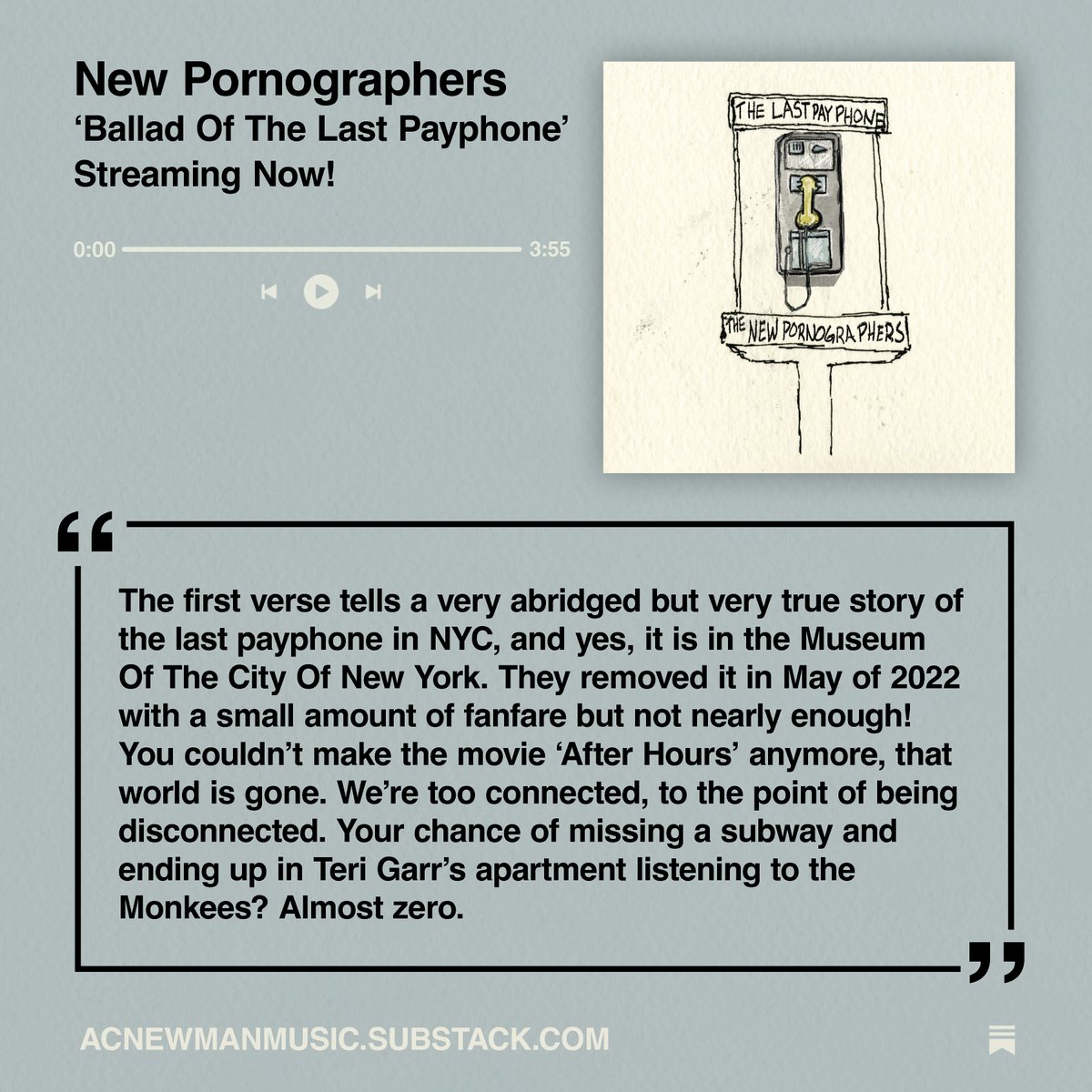 New <a href="/ACNewman/">@ACNewman</a> Substack post is up now detailing the inspiration behind our new song “Ballad Of The Last Payphone” – read all about it at acnewmanmusic.substack.com 📞