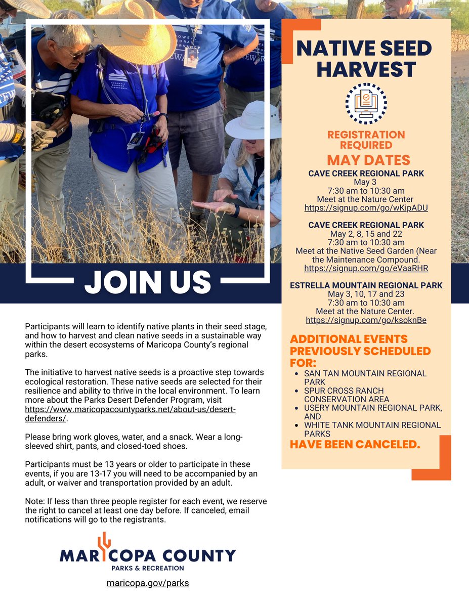 Join us for one of our Native Seed Harvest programs! The native seeds we’ll collect are selected for their resilience and ability to thrive in the local environment. This is a proactive step towards ecological restoration. 

Visit maricopacountyparks.net/about-us/deser… to learn more.