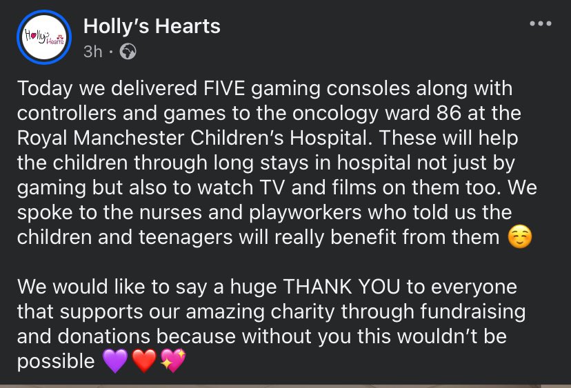 Today we delivered FIVE gaming consoles to <a href="/RMCH_Ward86/">Ward 86</a>. These will help the children through long stays in hospital not just by gaming but also to watch TV &amp; films on them too 💜❤️💖

Please read the screenshot below 👇🏼 

1/2