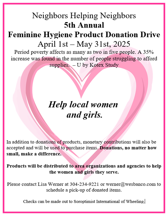 Participate in the Feminine Hygiene Product Donation Drive from Neighbors Helping Neighbors. YWCA will be a recipient of the donations.

April 1-May 31

Thank you!