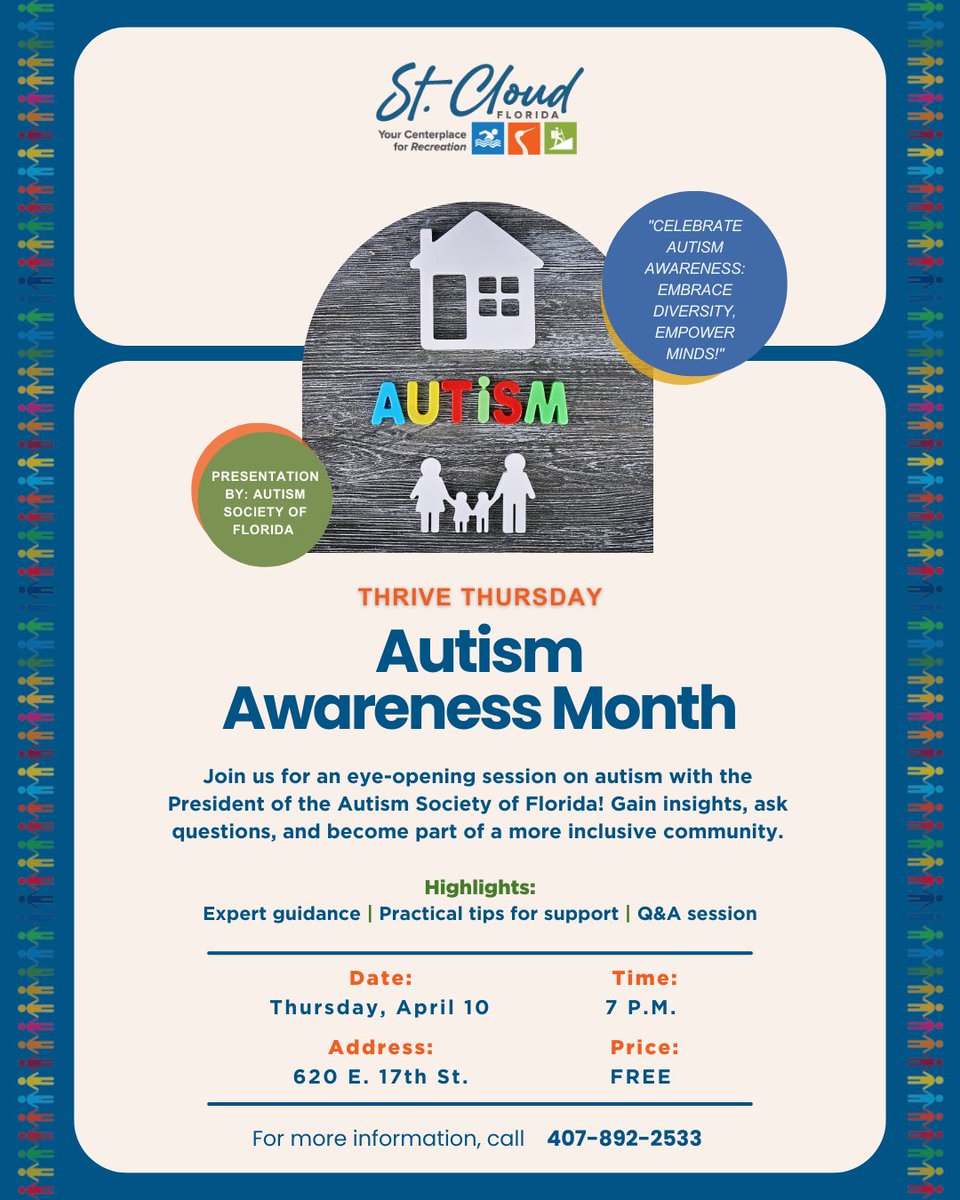 AutismFlorida's tweet image. Central Florida folks, join us on April 10 at 7 PM at Hopkins Park, St. Cloud Florida as we learn more about autism and how to create a more inclusive community ❤️
#autism #autismawarenessmonth #inclusion #florida #autismfriendly #recreation