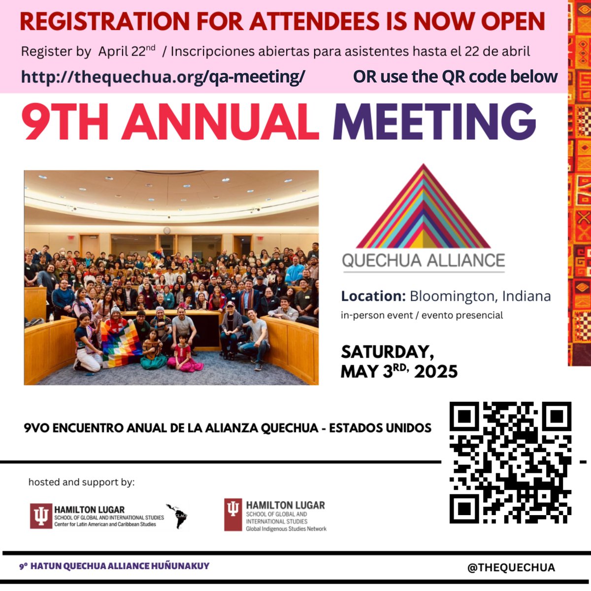 IUCLACS's tweet image. -> thequechua.org/qa-meeting/
Registration for attendees is now open! Visit the link or scan the QR code.
-
Inscripciones abiertas para asistentes. Visita el enlace o escanea el código QR.