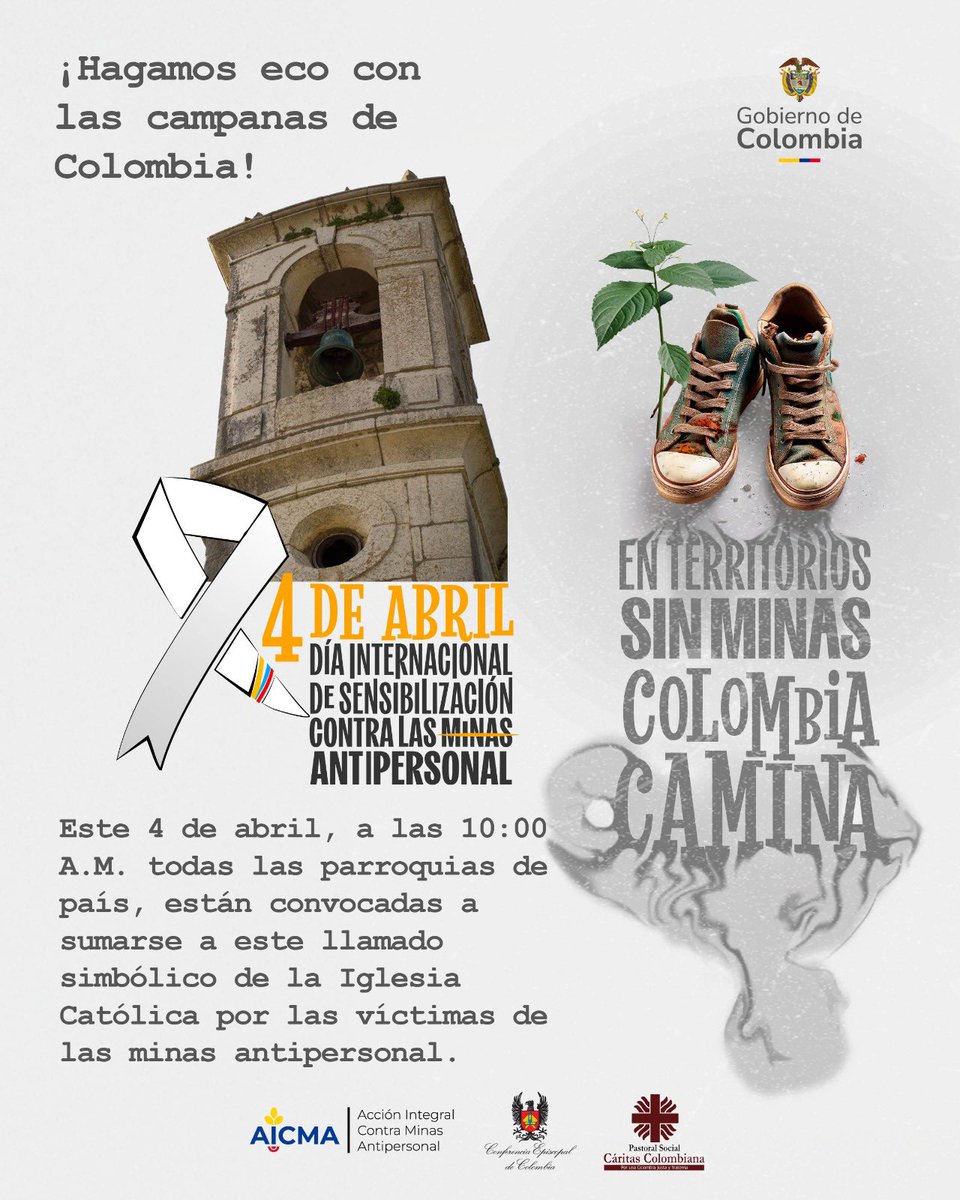 ¡Hagamos eco con las campanas de Colombia! 

Este 4 de abril a las 10:00 a.m., las campanas de las parroquias de Colombia resonarán en memoria de las víctimas de las minas antipersonal. 

#ColombiaSinMinas <a href="/AicmaColombia/">AICMAColombia</a>