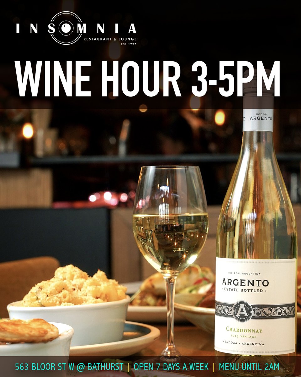 365toronto.com (@365torontocom) on Twitter photo Swing by & enjoy WINE HOUR at <a href="/insomniatoronto/">Insomnia Restaurant & Lounge</a> Restaurant & Lounge, on Bloor. From 3-5pm (yes, actually 2hrs) Insomnia presents quality wines at amazing prices, to tease your palate. Served daily.
Peckish? Here is Insomnia's dinner menu: insomniarestaurant.com/dinner to enjoy a bite. Swing by & enjoy WINE HOUR at <a href="/insomniatoronto/">Insomnia Restaurant & Lounge</a> Restaurant & Lounge, on Bloor. From 3-5pm (yes, actually 2hrs) Insomnia presents quality wines at amazing prices, to tease your palate. Served daily.
Peckish? Here is Insomnia's dinner menu: insomniarestaurant.com/dinner to enjoy a bite.
