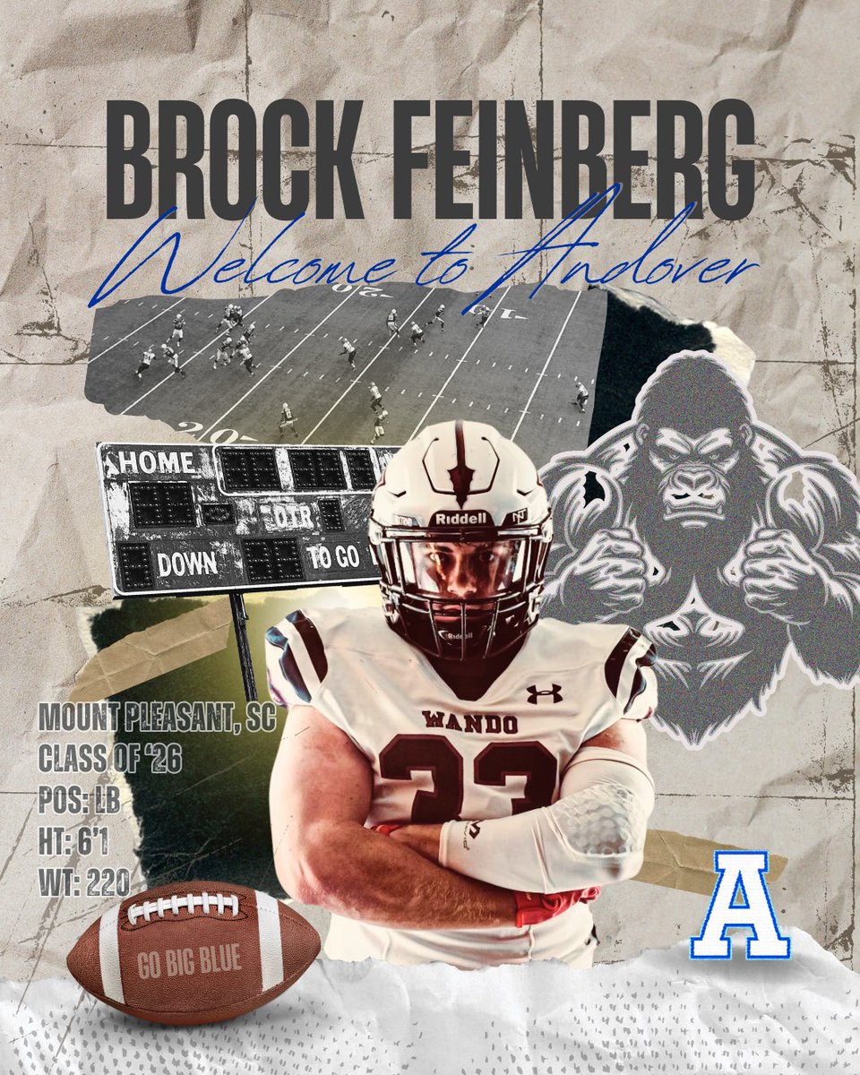 Coach Brown (@cbrownandovere1) on Twitter photo We are excited to welcome <a href="/FeinbergBrock/">Brock Feinberg 3⭐️ LB/JACK Post Grad C/O 2026</a> to our football family here at Andover. We know he’ll bring his toughness, football IQ and versatility to the defensive side of the ball. #bigbluebound #phillipsacademyandover We are excited to welcome <a href="/FeinbergBrock/">Brock Feinberg 3⭐️ LB/JACK Post Grad C/O 2026</a> to our football family here at Andover. We know he’ll bring his toughness, football IQ and versatility to the defensive side of the ball. #bigbluebound #phillipsacademyandover