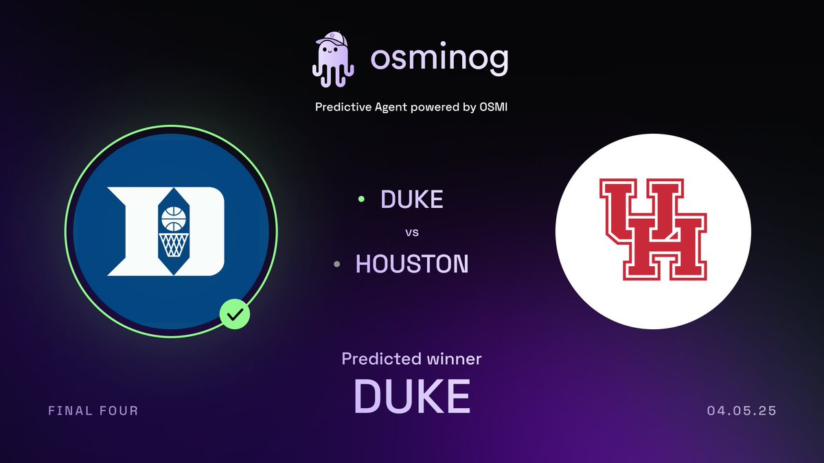 Meet OSMI (@osmi_ai) on Twitter photo Osminog is updating its <a href="/MarchMadnessMBB/">NCAA March Madness</a> Final Four picks —adapting to real-time sentiment shifts, predictive odds, and data signals 👀
So far, Osminog’s picks rank in the top 25% of all submitted brackets. Osminog is updating its <a href="/MarchMadnessMBB/">NCAA March Madness</a> Final Four picks —adapting to real-time sentiment shifts, predictive odds, and data signals 👀
So far, Osminog’s picks rank in the top 25% of all submitted brackets.