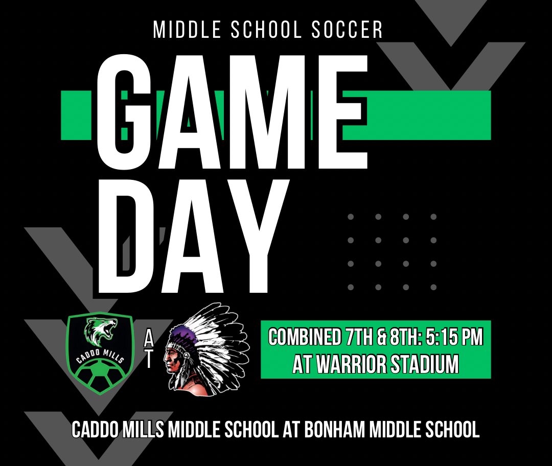 Caddo Mills Soccer (@cmhsfoxsoccer) on Twitter photo 🚨Middle School Game Day🚨
🟢 Caddo Mills Foxes
🆚 Bonham Purple Warriors
⏰ Combined 7th & 8th Grade: 5:15 PM
🏟 Warrior Stadium
📍 Bonham, TX
<a href="/FoxUnleash/">Caddo Mills Fox Athletics</a> <a href="/CaddoMillsISD/">Caddo Mills ISD</a> <a href="/CMMSFoxes/">CMMSFoxes</a> 🚨Middle School Game Day🚨
🟢 Caddo Mills Foxes
🆚 Bonham Purple Warriors
⏰ Combined 7th & 8th Grade: 5:15 PM
🏟 Warrior Stadium
📍 Bonham, TX
<a href="/FoxUnleash/">Caddo Mills Fox Athletics</a> <a href="/CaddoMillsISD/">Caddo Mills ISD</a> <a href="/CMMSFoxes/">CMMSFoxes</a>