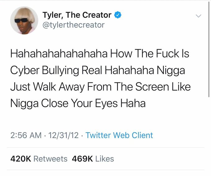 rapworldbr's tweet photo. "Hahahahahaha Que porra é essa do CyberBullying ser real hahaha mano apenas se afaste da tela, tipo, feche os olhos."    

- Tyler, the Creator https://t.co/j8Ds58znlo