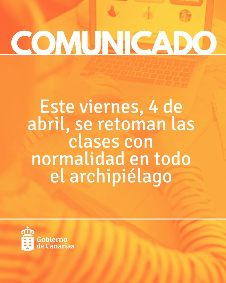 Educación Gobcan (@educaciongobc) on Twitter photo 🔵 𝗔𝘃𝗶𝘀𝗼 𝗶𝗺𝗽𝗼𝗿𝘁𝗮𝗻𝘁𝗲 🔵
<a href="/EducacionGobC/">Educación Gobcan</a> informa de que mañana viernes 4 de abril de 2025 se retoman las clases con normalidad en todo el archipiélago. 🔵 𝗔𝘃𝗶𝘀𝗼 𝗶𝗺𝗽𝗼𝗿𝘁𝗮𝗻𝘁𝗲 🔵
<a href="/EducacionGobC/">Educación Gobcan</a> informa de que mañana viernes 4 de abril de 2025 se retoman las clases con normalidad en todo el archipiélago.