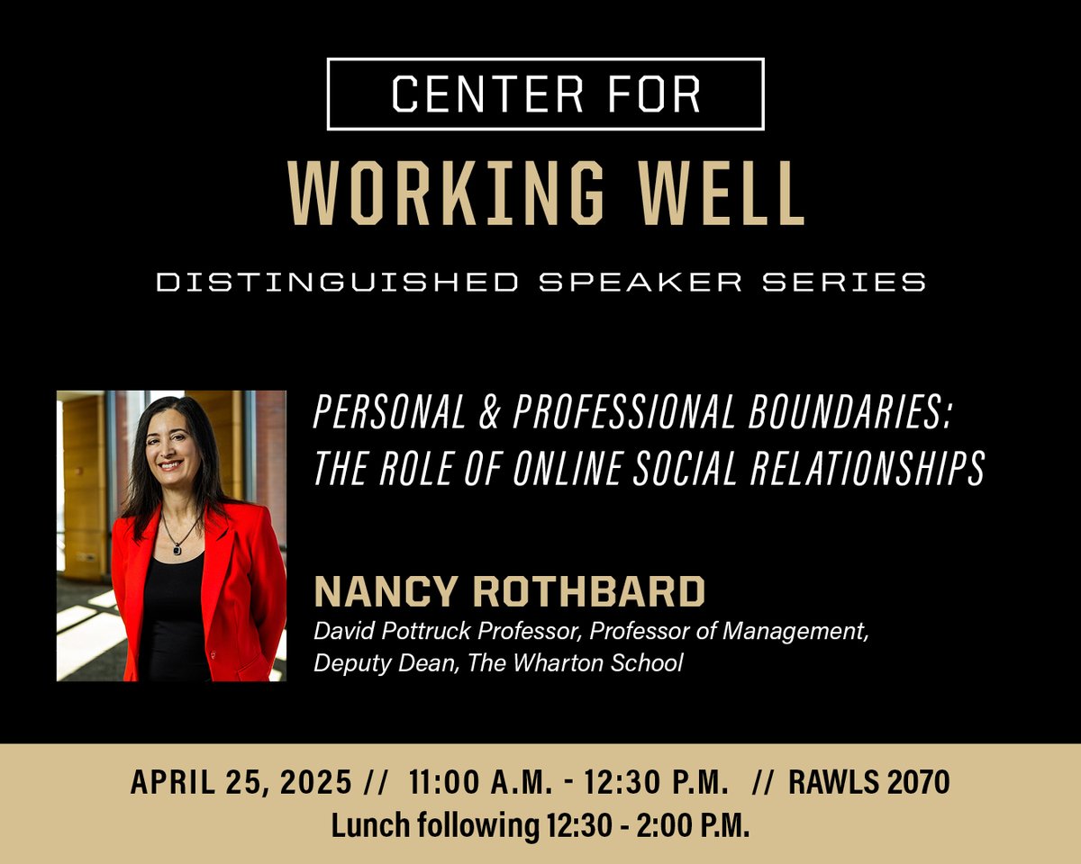 Purdue Business Krannert Graduate Institute (@purduebizgrad) on Twitter photo The Center for Working Well welcomes Dr. Nancy Rothbard, deputy dean at The <a href="/Wharton/">The Wharton School</a> School, for the Spring Distinguished Speaker Series on April 25. She'll discuss work engagement, well-being, and performance. Register: purdue.university/4ikPBuo The Center for Working Well welcomes Dr. Nancy Rothbard, deputy dean at The <a href="/Wharton/">The Wharton School</a> School, for the Spring Distinguished Speaker Series on April 25. She'll discuss work engagement, well-being, and performance. Register: purdue.university/4ikPBuo