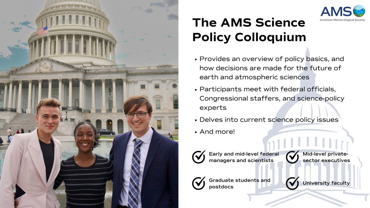 Shape the future of science policy💡

Join the 25th AMS Science Policy Colloquium to connect with policy leaders and explore topics like federal R&amp;D budgets, international science diplomacy, and environmental security.

Learn more and register by 15 April: bit.ly/41JNvif