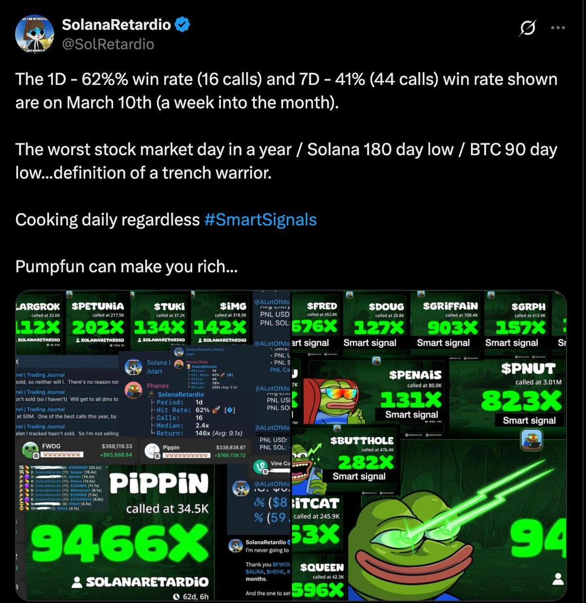 Crypto_Retardio's tweet photo. @AaronRamsa65060 @SWeerackod9674 @MetaWorldPeace_ @0xsersam @mcgreevy_tony @dumb_money247 and many others cooking for chat.
Follow them and DM any of them for a referral in chat.
This is the beginning of #SmartSignalTrading #OnChain https://t.co/Ahm7eoyYzc