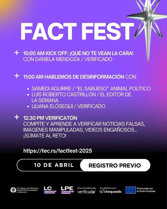 😱¿Te preocupa la desinformación? ¡A nosotros también! Por eso organizamos el #FactFest para ayudarte a entender y combatir este problema😎

Si eres estudiante universitario y estás en #Monterrey inscríbete👉tec.rs/factfest-2025

🟣10 abril / Evento presencial / Cupo Limitado