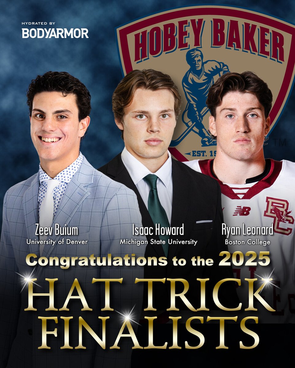 And your 2025 Hat Trick Finalists are.... 

#hobeybaker @du_hockey  @msu_hockey  @bc_mhockey  @thenchc  @b1ghockey  <a href="/hockey_east/">Hockey East</a>  @drinkbodyarmor  @teamech