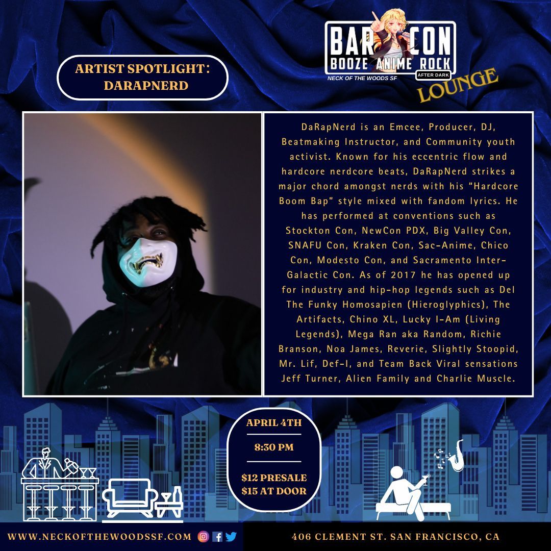 Anime Jazz &amp; City Pop Night! ✨🎷

Unwind with anime jazz &amp; soulful R&amp;B by Limina &amp; Sunday, plus DJs spinning jazz, city pop &amp; R&amp;B all night! 🍸🎶

🌟 🎤 Artist Spotlight: DaRapNerd 🎤 🌟

🔥 April's BAR Con 🔥
📅 April 4, 2025 | ⏰ 8:30 PM
🎟️ Tickets: buff.ly/HuBLm32