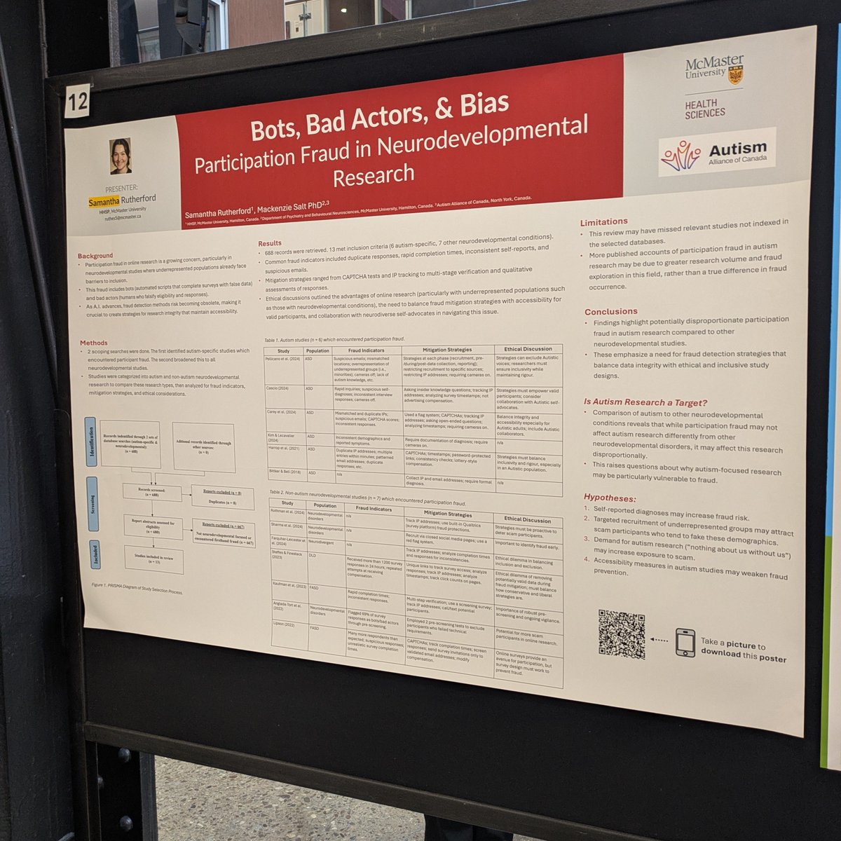 ✨ And here's student learner Samantha Rutherford's poster on the topic of "Bots, Bad Actors, &amp; Bias: Participation Fraud in Neurodevelopmental Research"! This project is supervised by MacART member Dr. Mackenzie Salt (<a href="/Mac_at_Mac/">Mackenzie Salt</a>).

#Research #Bots