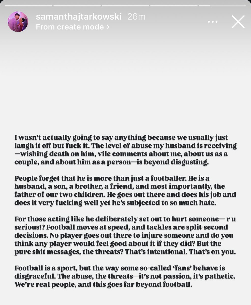 📱Samantha Tarkowski’s (Wife of James Tarkowski) latest Instagram story post on the abuse and deaths threats he has received after the Merseyside Derby