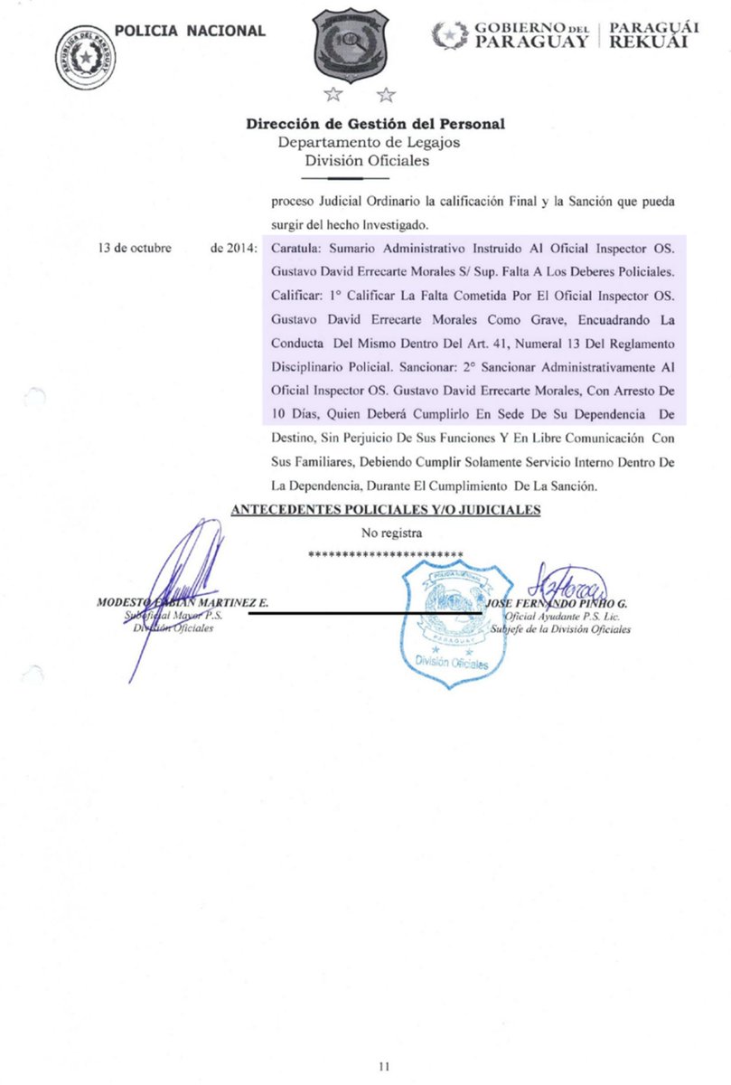 Rafael Filizzola (@filizzolarafael) on Twitter photo Este es el prontuario el comisario Gustavo Errecarte, uno de los jefes del operativo donde la <a href="/policia_py/">Policía Nacional del Paraguay</a> agredió a unas 15 personas que querían homenajear a #RodrigoQuintana. Es el mismo que empujó a <a href="/efraalegre/">Efrain Alegre Irun</a> quien terminó cayendo por las escaleras con <a href="/olgaparedesb/">Olga Paredes Britez</a>. Y que Este es el prontuario el comisario Gustavo Errecarte, uno de los jefes del operativo donde la <a href="/policia_py/">Policía Nacional del Paraguay</a> agredió a unas 15 personas que querían homenajear a #RodrigoQuintana. Es el mismo que empujó a <a href="/efraalegre/">Efrain Alegre Irun</a> quien terminó cayendo por las escaleras con <a href="/olgaparedesb/">Olga Paredes Britez</a>. Y que