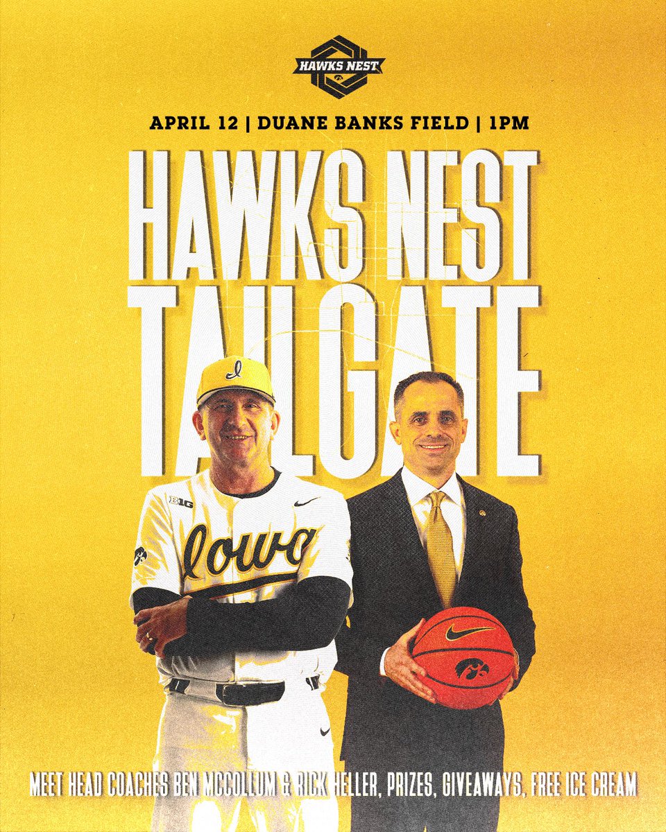 𝐇𝐚𝐰𝐤𝐬 𝐍𝐞𝐬𝐭 𝐓𝐚𝐢𝐥𝐠𝐚𝐭𝐞 𝐚𝐭 𝐃𝐮𝐚𝐧𝐞 𝐁𝐚𝐧𝐤𝐬 𝐅𝐢𝐞𝐥𝐝

🗓️ Saturday, April 12
⌚️ 1 PM
⚾️ vs. Nebraska

Meet Head Coaches Ben McCollum &amp; Rick Heller
• Win prizes 
• Free giveaway items
• Participate in the ceremonial first pitch

@uibaseball 🤝 @iowahoops