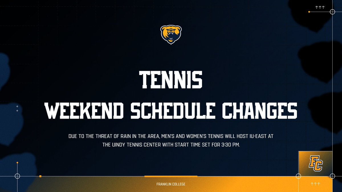 Franklin Grizzlies (@fcgrizathletics) on Twitter photo UPDATE | This Sunday's @fcgrizmtennis & @fcgrizwten matches with IU-East are being moved indoors to the UIndy Tennis Center. First serve for the matches is set for 3:30 p.m. UPDATE | This Sunday's @fcgrizmtennis & @fcgrizwten matches with IU-East are being moved indoors to the UIndy Tennis Center. First serve for the matches is set for 3:30 p.m.