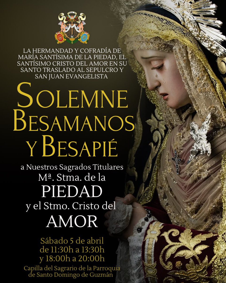 ✝️ Invitamos a todos los hermanos y devotos al Solemne Besamanos y Besapié a Nuestros Sagrados Titulares el próximo sábado 5 de abril.

#UbiPietasIbiCharitas 
#PiedadDeCabra