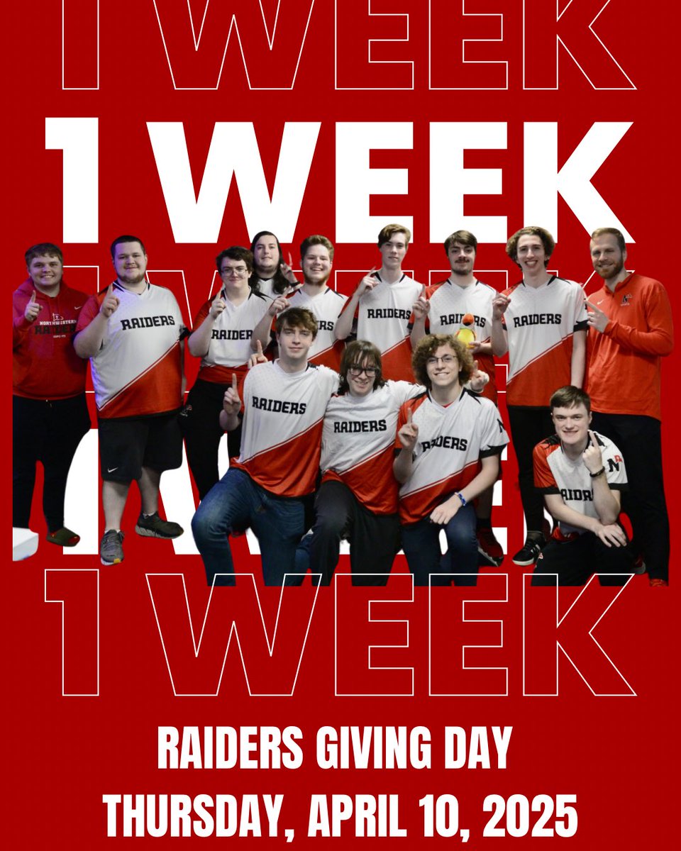 🔴⚪️ONE WEEK AWAY FROM GIVING DAY🔴⚪️

Giving day is a opportunity for supporters of Northwestern and the Esports program to give and help ensure the future success of the team! 

Thursday, April 10th, 2025
#raidersstandout