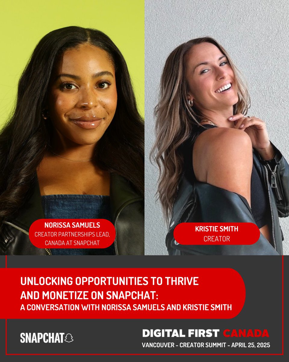 DigitalFirstCan's tweet image. DFC VANCOUVER SUMMIT SESSION ➡️ Unlocking opportunities to thrive and monetize on Snapchat: A conversation with Norissa Samuels and Kristie Smith

Secure your seat today: digitalfirstcanada.ca/dfc-summit/van…