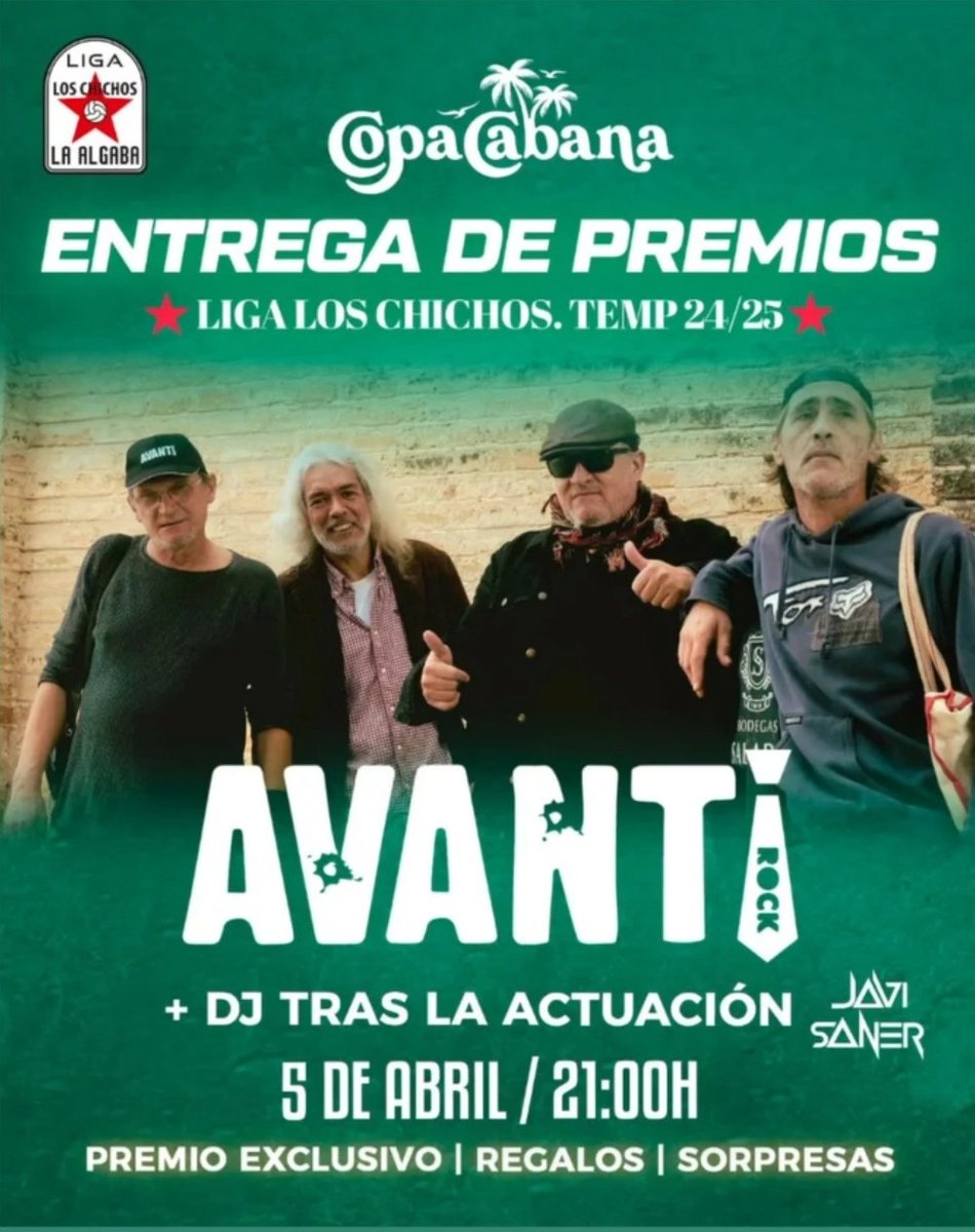 Jornada fin de Liga.
Uefa Algaba League!!
Champions!!

Después entrega de trofeos en CopaCabana acompañados de Avanti!!

Tendremos regalos y sorpresas!!