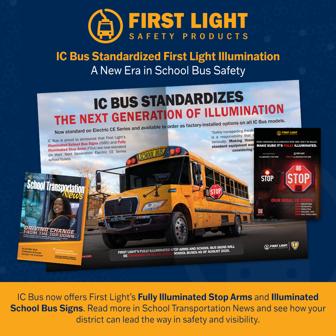 First Light's Fully Illuminated Stop Arms and Illuminated School Bus Signs are now standard on all Electrical CE Series model. 

Read the announcement in School Transportation News and see how your district can lead with illumination: shorturl.at/JDZfh

#STNMagazine
