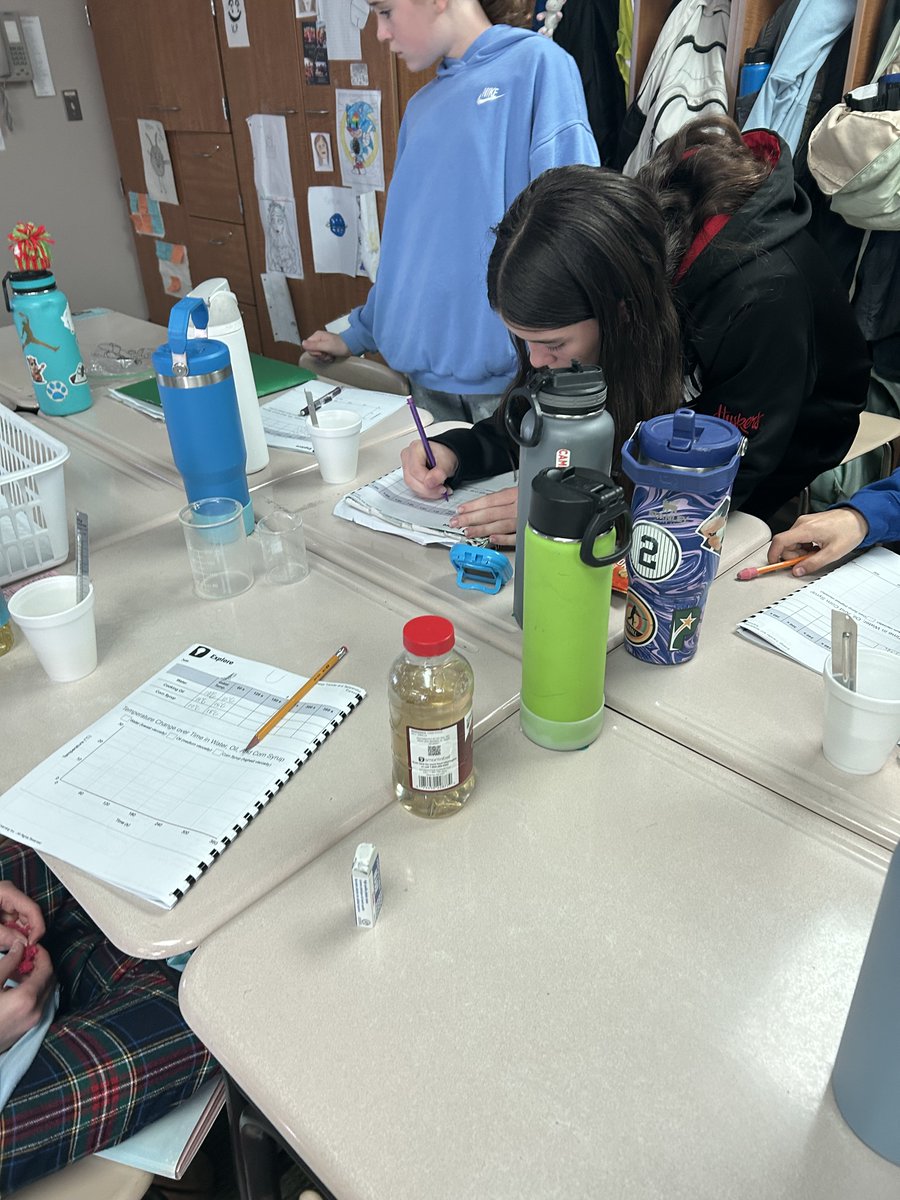 PortalElem's tweet photo. 6th grade students explored the testable question; will three different materials with different viscosities, or thicknesses, lose heat at the same rate? They worked with water, cooking oil, and corn syrup to analyze thermal energy transfer. https://t.co/GnSc64sxZV