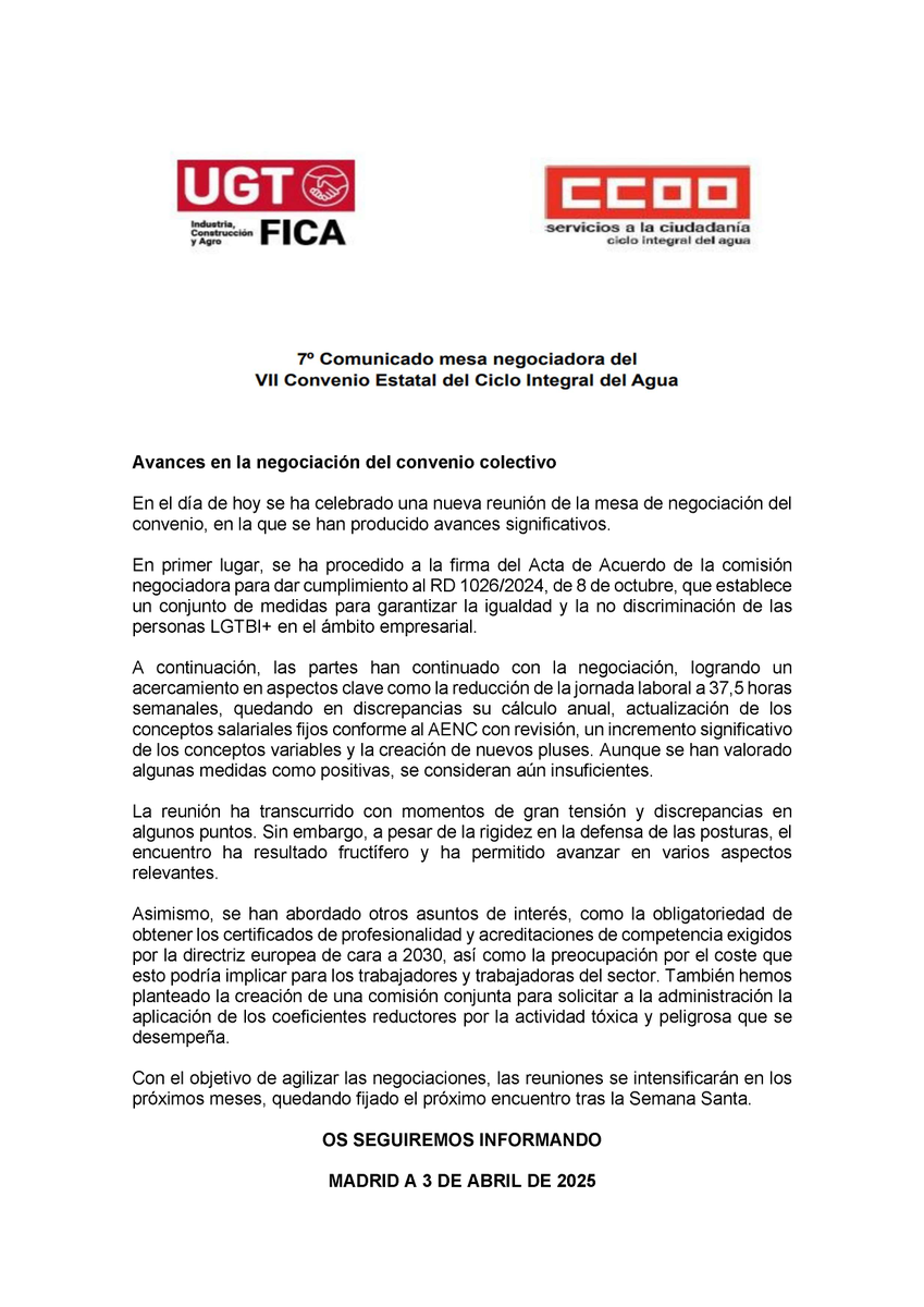 Avances en la negociación del convenio colectivo.
En  el día de hoy se ha celebrado una nueva reunión de la mesa de  negociación del convenio, en la que se han producido avances  significativos.
Visita nuestra página.
agua.fsc.ccoo.es
#fscccoo #fscccoocia #ccoo