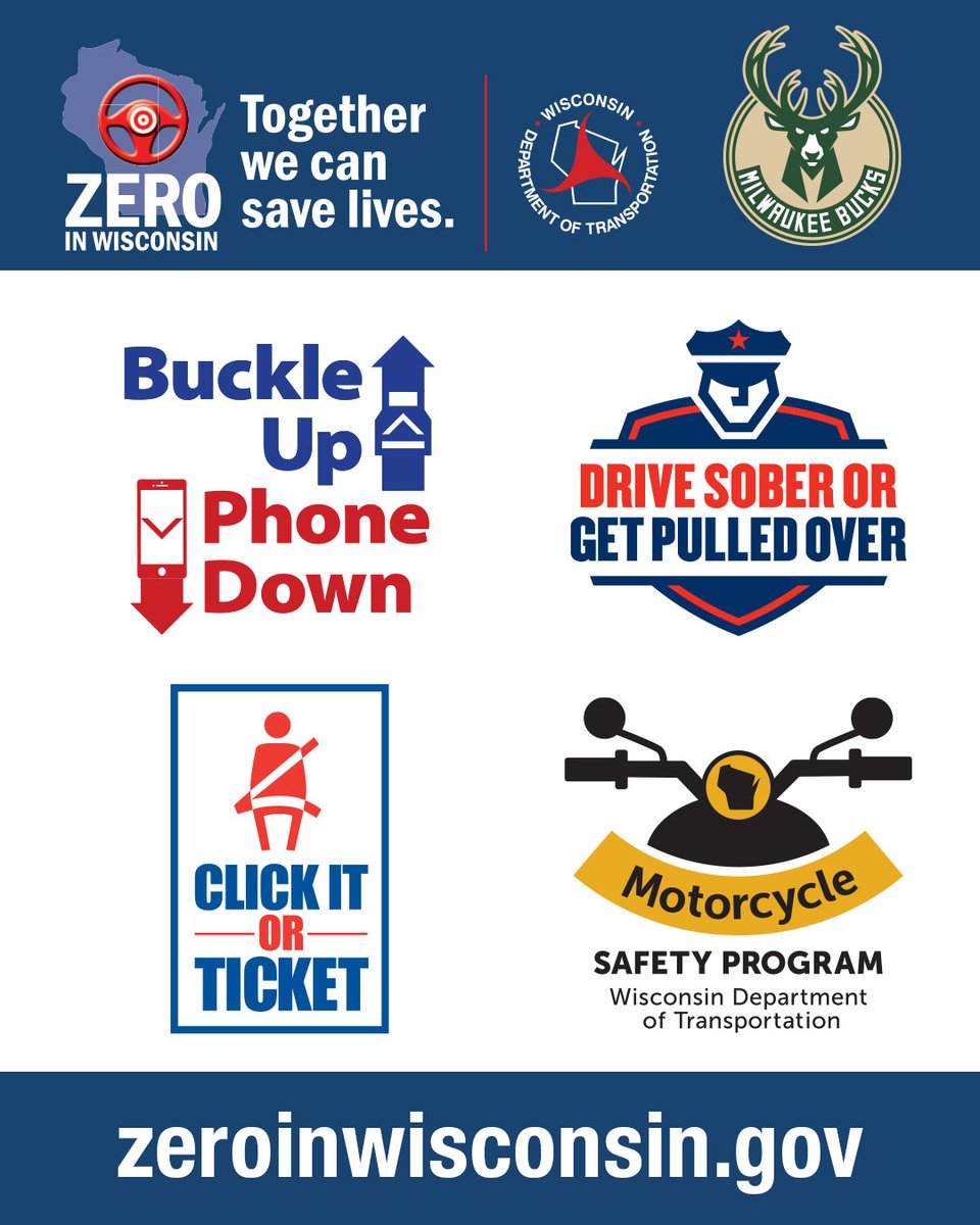Bucks's tweet photo. As we gear up for the travel season, the @WisconsinDOT and the Bucks are partnering to spread awareness on what you can do to help achieve zero preventable crashes on Wisconsin roads.
Visit https://t.co/4t36F7UDTB to learn all about our #ZeroInWisconsin programs. Together we can save lives.