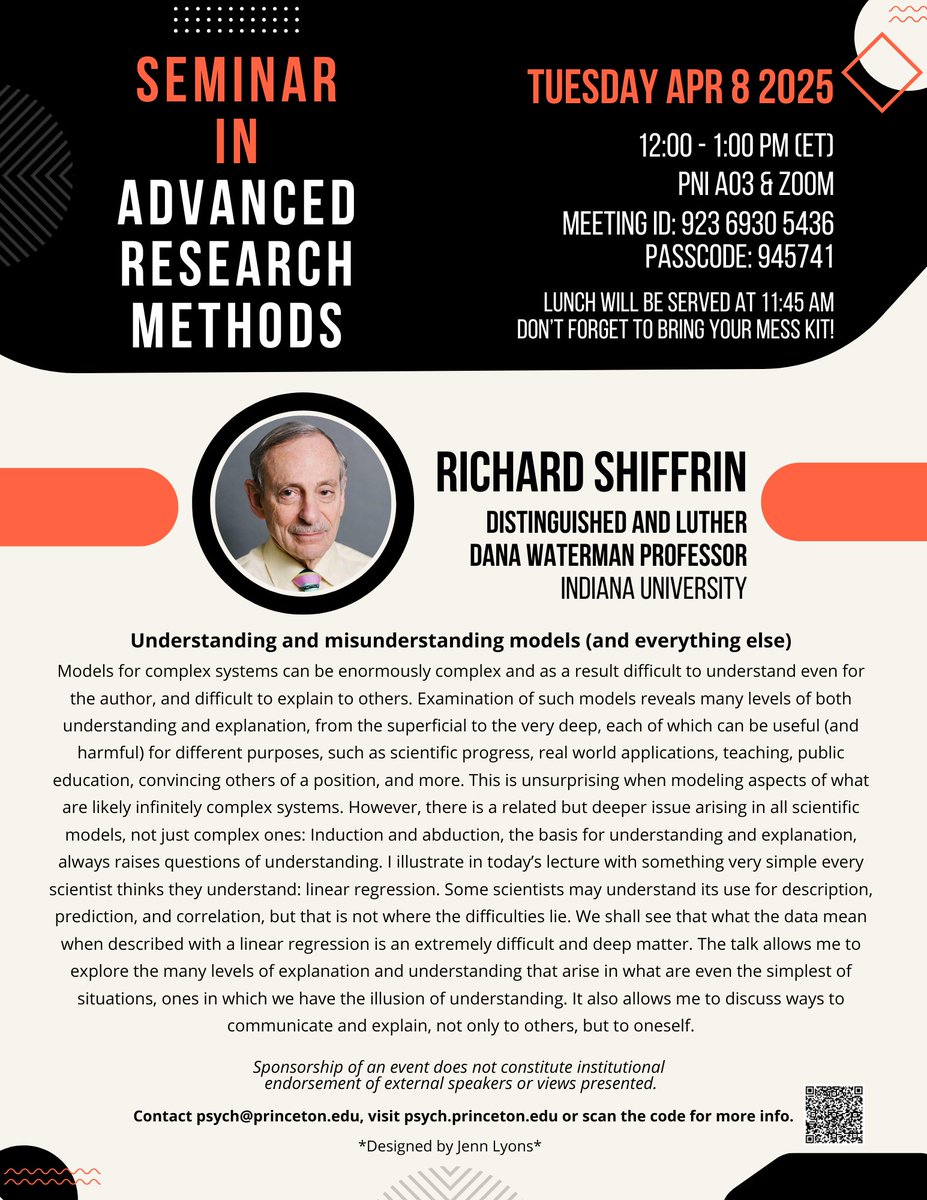 Suyog Chandramouli (@suyoghc) on Twitter photo Rich Shiffrin from will be joining us on Tuesday, April 8th, 12pm (EST) to talk about "understanding and misunderstanding models (and everything else)."
The zoom link is open to public! Details in the flyer.
<a href="/PsychPrinceton/">Psychology@Princeton</a> Rich Shiffrin from will be joining us on Tuesday, April 8th, 12pm (EST) to talk about "understanding and misunderstanding models (and everything else)."
The zoom link is open to public! Details in the flyer.
<a href="/PsychPrinceton/">Psychology@Princeton</a>