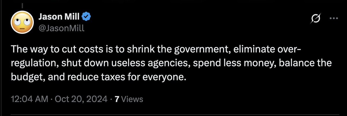 ramit's tweet photo. One of the funniest things in the world is watching Republicans have to twist themselves into pretzels depending on what Trump does

October 2024: "We need to shrink the government and reduce taxes!"
Today: "Why shouldn't Americans be taxed more?" https://t.co/YemRqlyISm