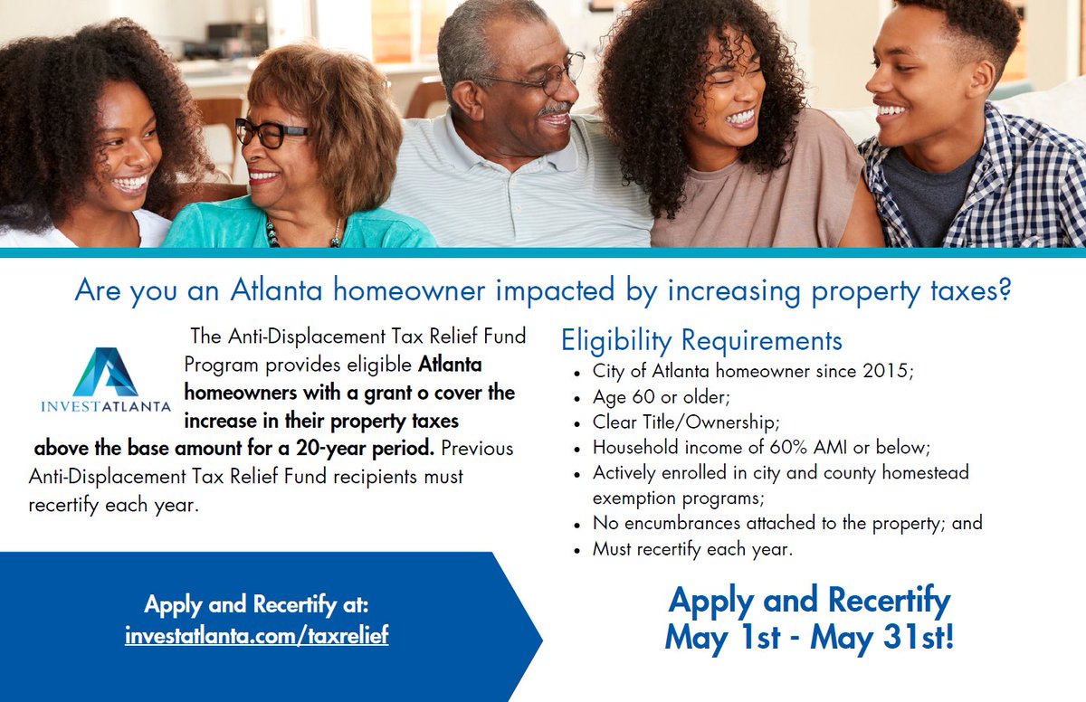 dekalbtaxga's tweet image. #GoodToKnow City of Atlanta homeowners in DeKalb County! Invest Atlanta is preparing to launch the citywide Anti-Displacement Tax Relief Fund Program, which aims to support eligible senior homeowners in the City of Atlanta. For visit investatlanta.com/taxrelief.